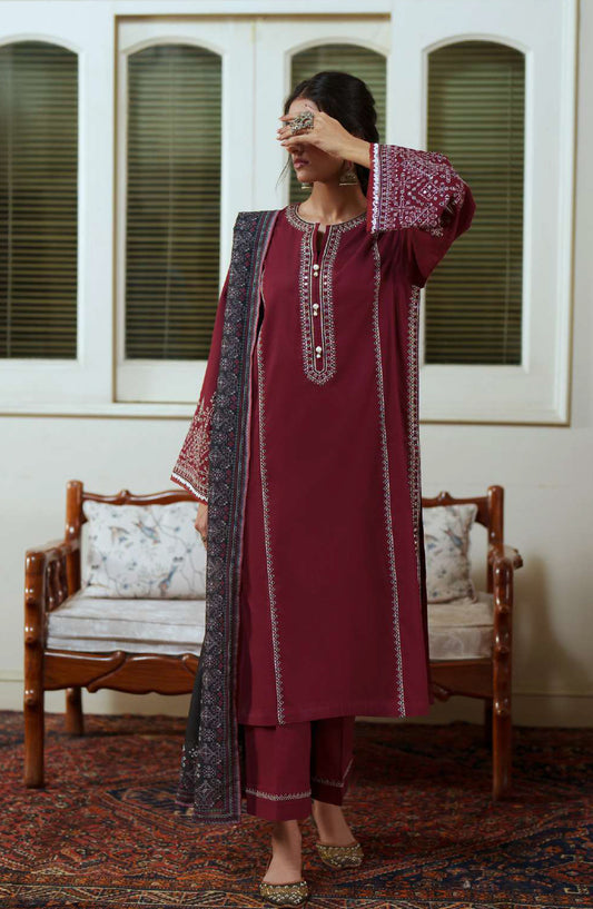Sakoon by Casual Lite Embroidered Cotton Lawn Stitched 3 Piece Suit - Outfit-07 The Maroon - CL26SKN - Summer Collection