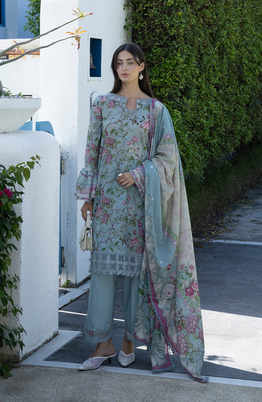 Santorini by Elaf Premium Digital Printed Lawn Unstitched 3 Piece Suit - EPN-8A EIRINI BLOOM - EL26SNT - Ferozi - Summer Collection