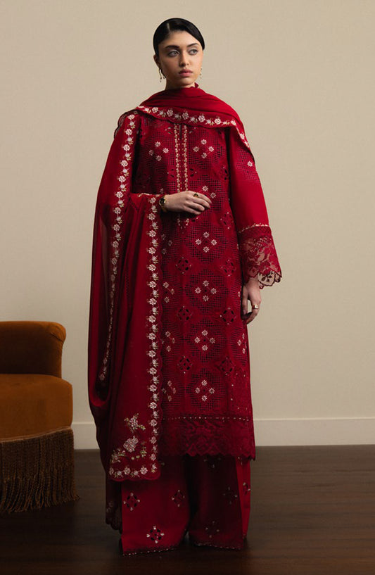 Satori by Zara Shahjahan Embroidered Lawn Unstitched 3 Piece Suit - AKARI-D8 - ZS26ST - Red - Luxury Summer Collection