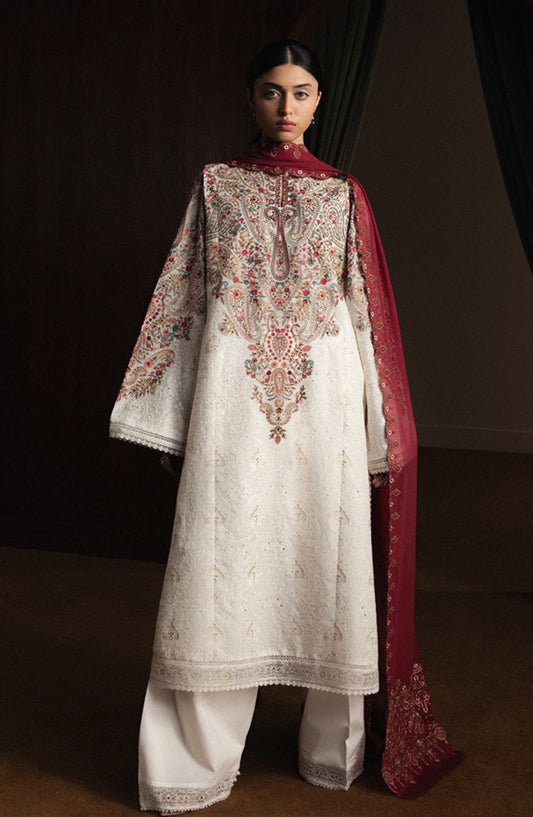Satori by Zara Shahjahan Embroidered Lawn Unstitched 3 Piece Suit - HIKARI-D7 - ZS26ST - White - Luxury Summer Collection