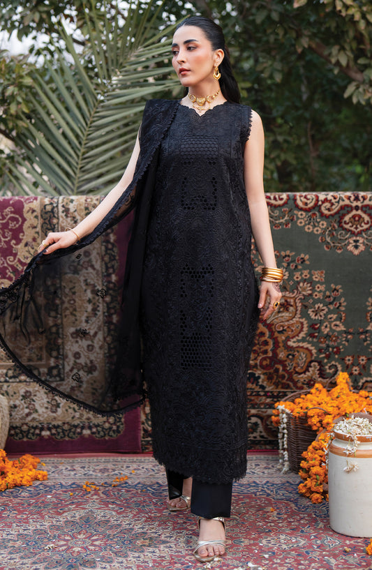 Satrangi by Mahnur Embroidered Lawn Unstitched 3 Piece Suit - S-12 - MH26ST - Black - Summer Collection
