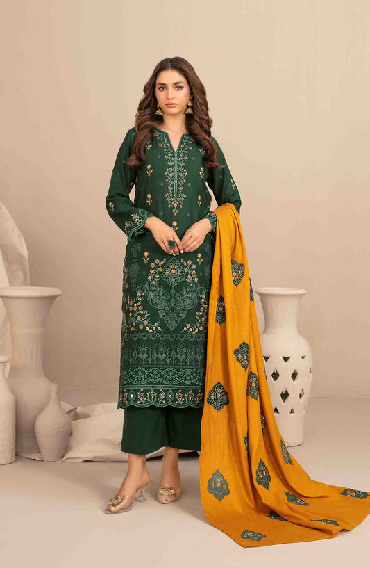 Sawsan by Tawakkal Fabrics Embroidered Leather Peach Unstitched 3 Piece Suit - D-5684 - TF25SWN - Green - Winter Collection