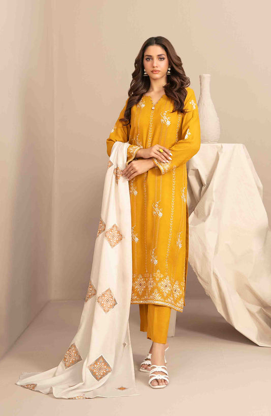 Sawsan by Tawakkal Fabrics Embroidered Leather Peach Unstitched 3 Piece Suit - D-5691 - TF25SWN - Mustard - Winter Collection