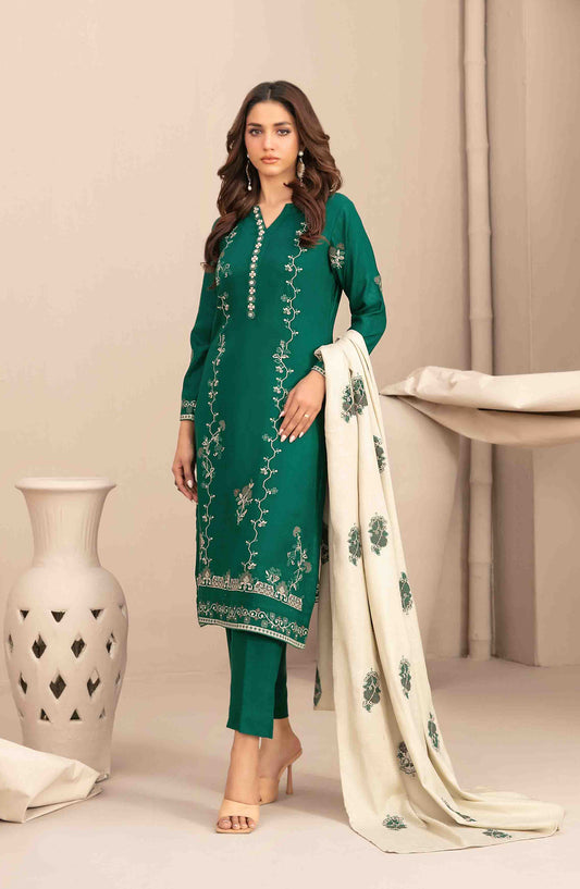 Sawsan by Tawakkal Fabrics Embroidered Leather Peach Unstitched 3 Piece Suit - D-5683 - TF25SWN - Green - Winter Collection