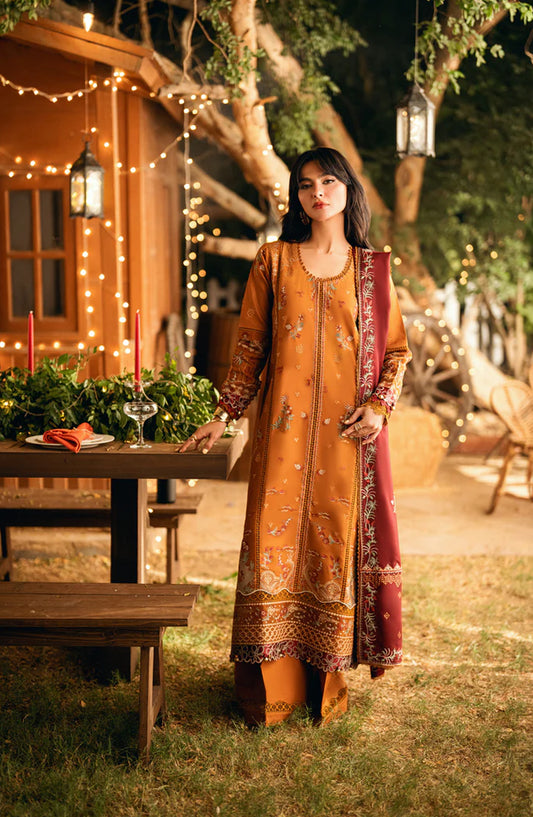 Serenity by Florent Luxury Embroidered Marina Twill Unstitched 3 Piece Suit - FNS-01B - FL25SRN - Mustard - Winter Collection