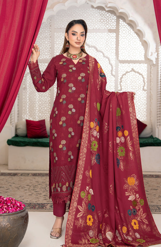 Shafaq by Riaz Arts Luxury Embroidered Peach Leather Unstitched 3 Piece Suit - Design-04 - RA25SHQ - Maroon - Winter Collection