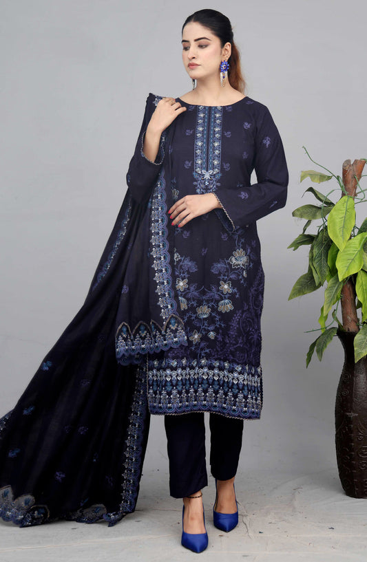 Shaista Check Debi Embroidered Semi Peach Unstitched 3 Piece Suit - Design-07 - SHS25CHD - Blue - Winter Collection