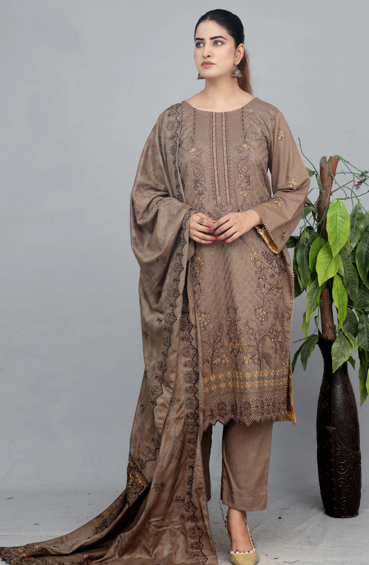 Shaista Check Debi Embroidered Semi Peach Unstitched 3 Piece Suit - Design-06 - SHS25CHD - Brown - Winter Collection