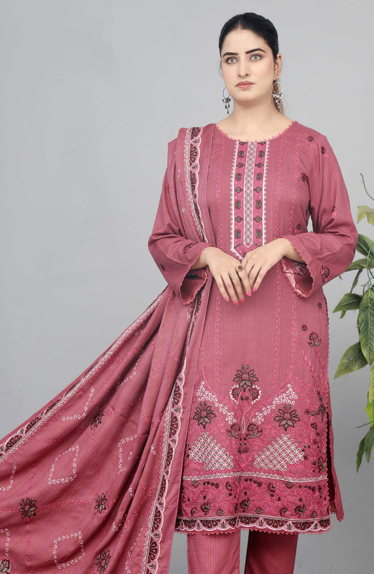 Shaista Check Debi Embroidered Semi Peach Unstitched 3 Piece Suit - Design-04 - SHS25CHD - Pink - Winter Collection