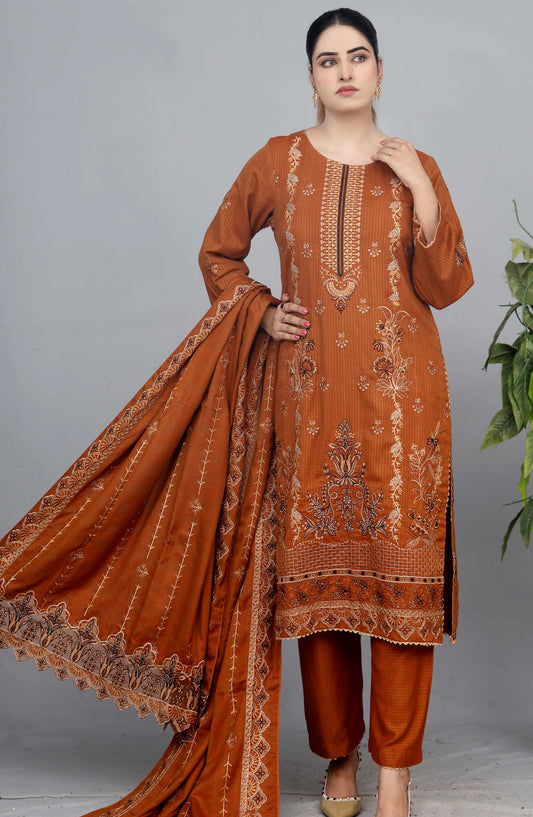 Shaista Check Debi Embroidered Semi Peach Unstitched 3 Piece Suit - Design-02 - SHS25CHD - Orange - Winter Collection