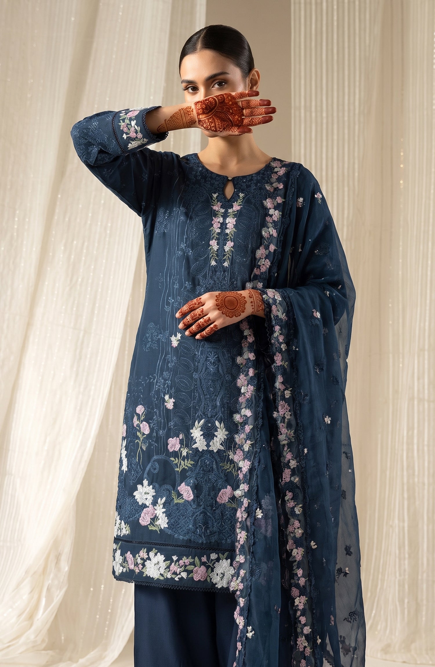 Sham-e-Riwayat by Amna Khadija Embroidered Cotton Stitched 3 Piece Suit - AKSR-04 - AM26SHM - Blue - Luxury Collection