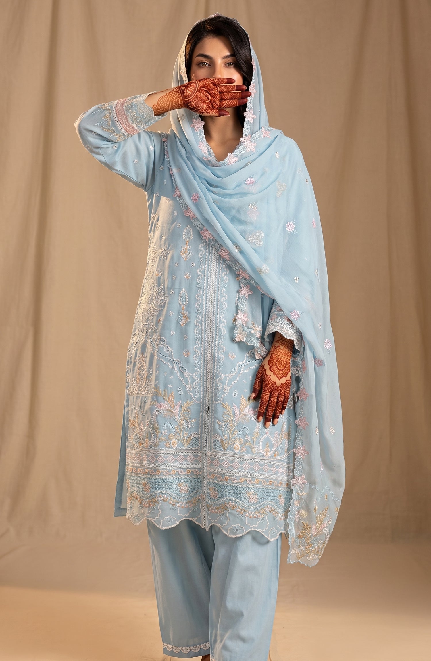 Sham-e-Riwayat by Amna Khadija Embroidered Cotton Stitched 3 Piece Suit - AKSR-05 - AM26SHM - Sky Blue - Luxury Collection
