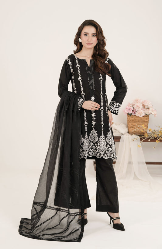 Shamooz Monochrome Embroidered Cotton Stitched 2 Piece Suit - SC-069 Dusky Black - SMZ25OMN - Summer Collection