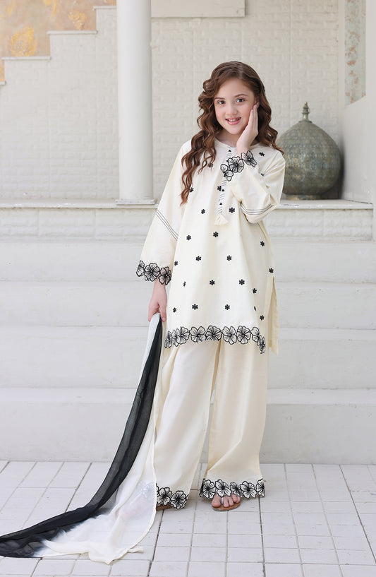 Shanzey Maya Embroidered Cambric Stitched 3 Piece Suit - SHK-7201 - SHK26MY - White - Girls Collection