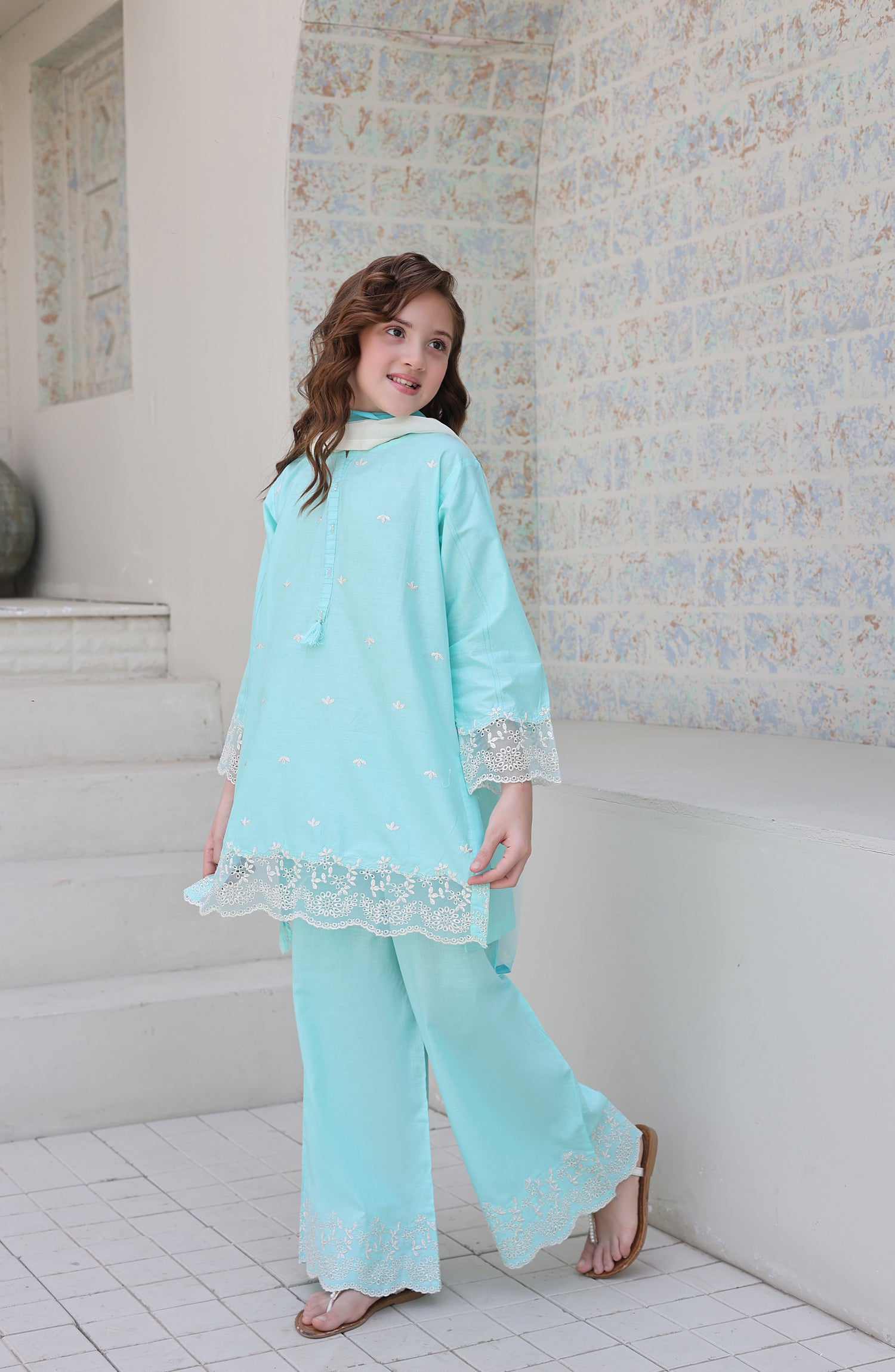 Shanzey Maya Embroidered Cambric Stitched 3 Piece Suit - SHK-7203 - SHK26MY - Sky Blue - Girls Collection
