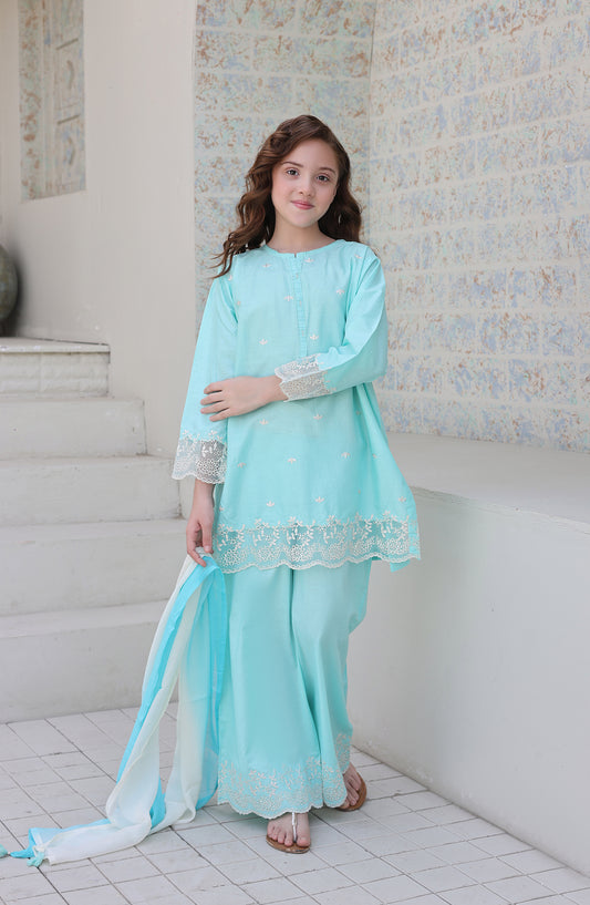 Shanzey Maya Embroidered Cambric Stitched 3 Piece Suit - SHK-7203 - SHK26MY - Sky Blue - Girls Collection