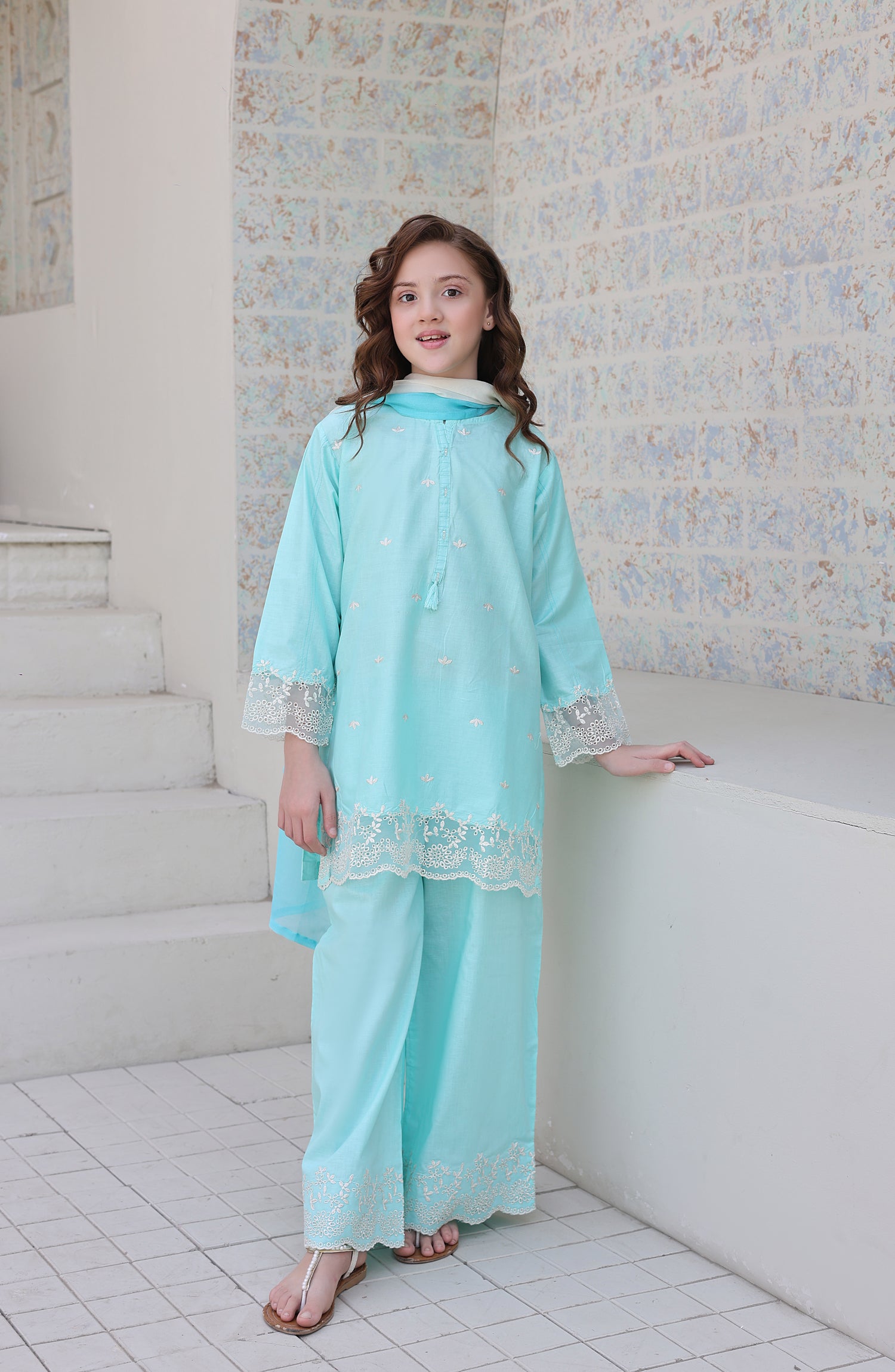 Shanzey Maya Embroidered Cambric Stitched 3 Piece Suit - SHK-7203 - SHK26MY - Sky Blue - Girls Collection