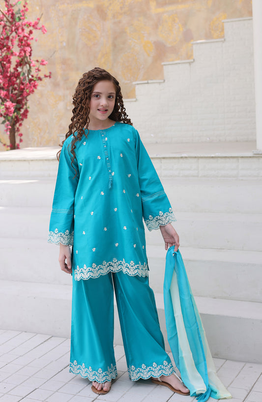Shanzey Maya Embroidered Cambric Stitched 3 Piece Suit - SHK-7205 - SHK26MY - Sea Green - Girls Collection