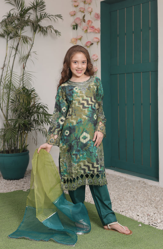 Shanzey Bahar-e-Eid Embroidered Shimmered Cambric Stitched 3 Piece Suit - SHK-5205 - SHZ26BHR - Green - Festive Collection