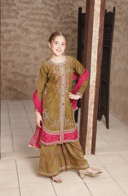 Shanzey Eid ki Kiran Embroidered Organza Stitched 3 Piece Suit - SHK-704 - SHK26KRN - Mehendi Green - Girls Formal Collection
