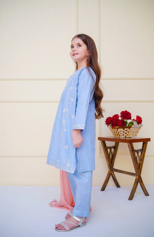 Shanzey Embroidered Cotton Stitched 3 Piece Suit - SHK-4603 - SHZ25CBR - Sky Blue - Girls Summer Collection