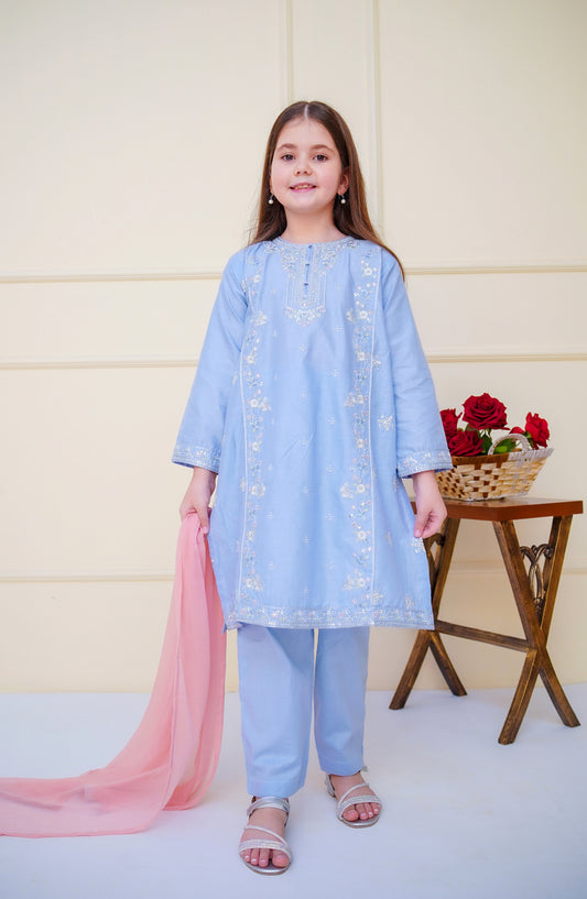 Shanzey Embroidered Cotton Stitched 3 Piece Suit - SHK-4603 - SHZ25CBR - Sky Blue - Girls Summer Collection