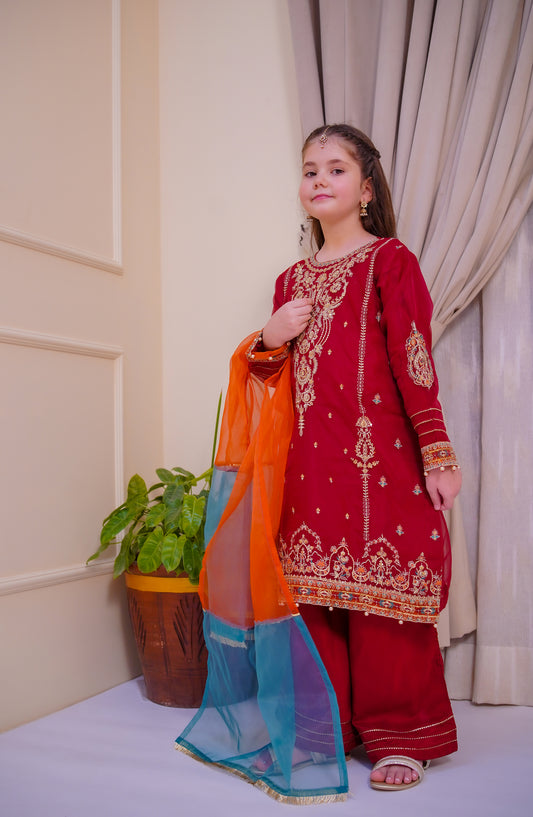 Shanzey Nain Sukh Embroidered Organza Stitched 3 Piece Suit - SHK-4701 - SHZ25NAS - Maroon - Festive Girls Collection