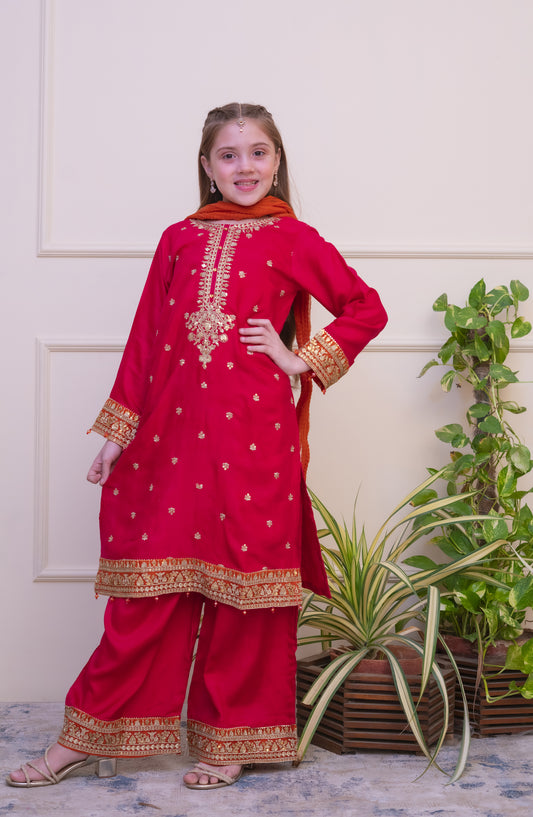 Shanzey Luxe Embroidered Raw Silk Stitched 3 Piece Suit - SHK-4801 - SHZ25LXD - Pink - Girls Festive Collection