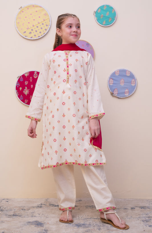 Shanzey Printed Cambric Stitched 3 Piece Suit - SHK-4901 - SHZ25CAM - Off White - Girls Winter Collection