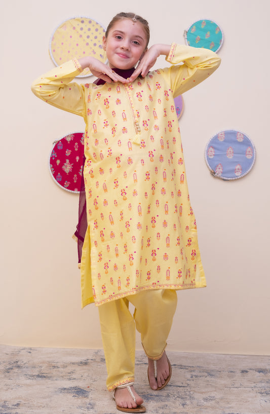 Shanzey Printed Cambric Stitched 3 Piece Suit - SHK-4903 - SHZ25CAM - Lemon - Girls Winter Collection