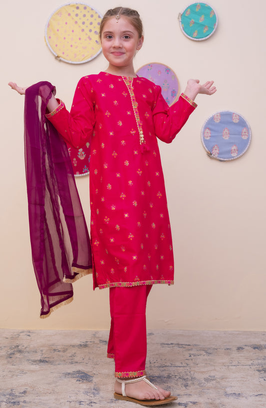 Shanzey Printed Cambric Stitched 3 Piece Suit - SHK-4906 - SHZ25CAM - Shocking Pink - Girls Winter Collection