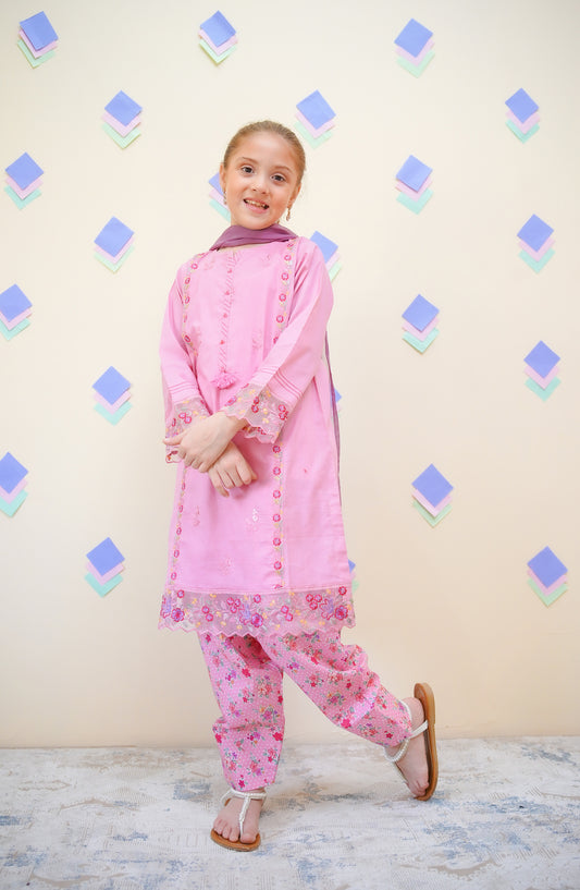 Shanzey Embroidered Lawn Stitched 3 Piece Suit - SHK-4434 - SHZ25FRS - Pink - Girls Summer Collection