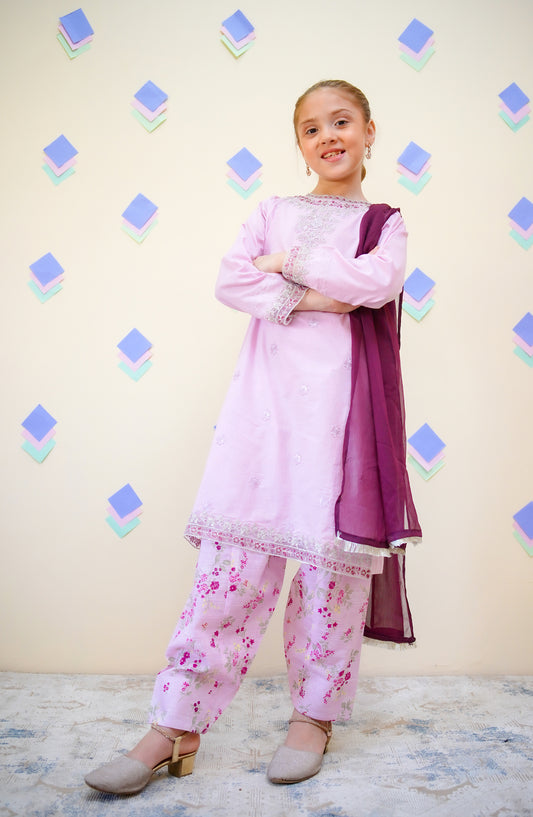 Shanzey Embroidered Lawn Stitched 3 Piece Suit - SHK-4433 - SHZ25FRS - Lilac - Girls Summer Collection