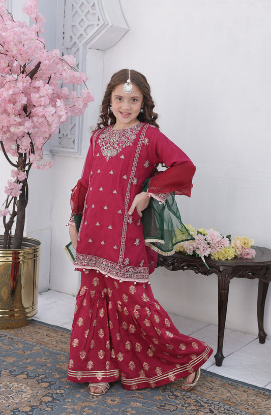 Shanzey Roshni Embroidered Organza Stitched 3 Piece Suit - SHK-5804 - SHZ26RSN - Majenta - Girls Formal Collection