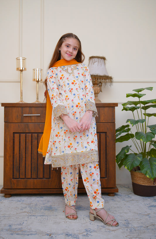 Shanzey Seher-e-Eid Embroidered Lawn Stitched 3 Piece Suit - SHK-6803 - SHZ26SHD - Cream - Festive Girls Collection