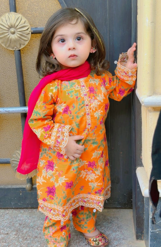 Shanzey Toddlers Embroidered Lawn Stitched 3 Piece Suit - SHK-6003 - SHZ26TD - Orange - Casual Collection