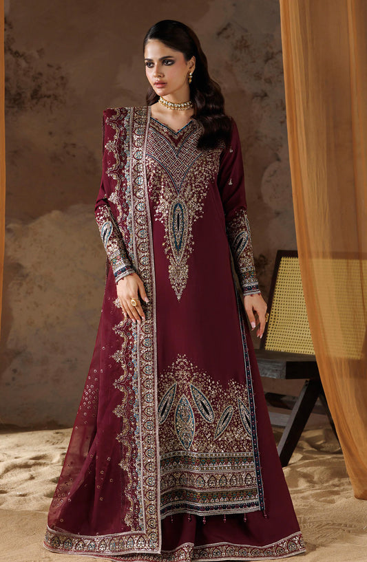 Shehnai by Ramsha Embroidered Raw Silk Unstitched 3 Piece Suit - SS-206 - RM26SHN - Maroon - Festive Collection