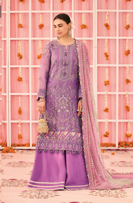 Shehnai by Alizeh Embroidered Zari Net Unstitched 3 Piece Suit - AF-ZN-2220 ZARI - ALZ25FES - Purple - Luxury Festive Collection