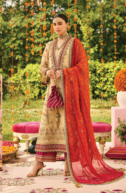 Shehnai by Alizeh Embroidered Zari Net Unstitched 3 Piece Suit - AF-ZN-2219 DILRUBA - ALZ25FES - Beige - Luxury Festive Collection