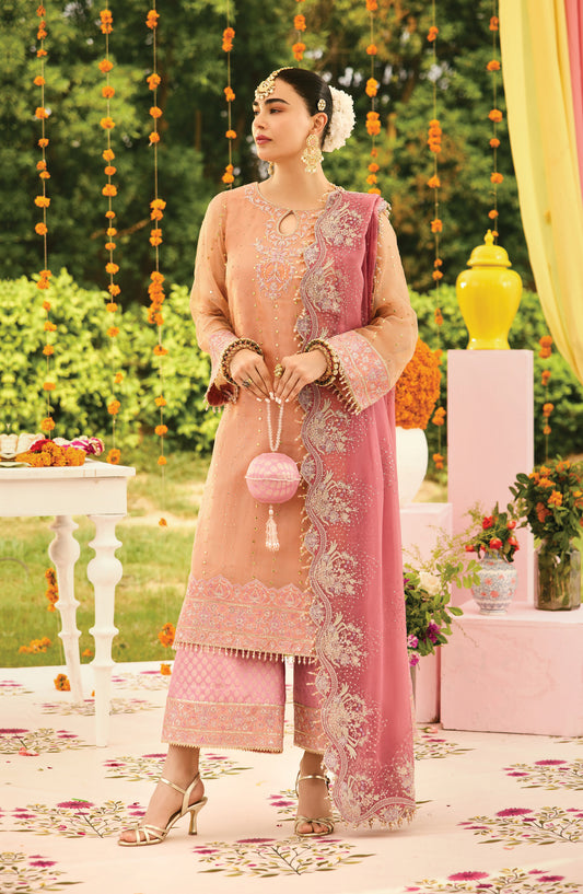 Shehnai by Alizeh Embroidered Zari Net Unstitched 3 Piece Suit - AF-ZN-2218 SITARA - ALZ25FES - Peach - Luxury Festive Collection