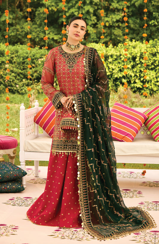 Shehnai by Alizeh Embroidered Zari Net Unstitched 3 Piece Suit - AF-ZN-2216 GHOOMAR - ALZ25FES - Pink - Luxury Festive Collection