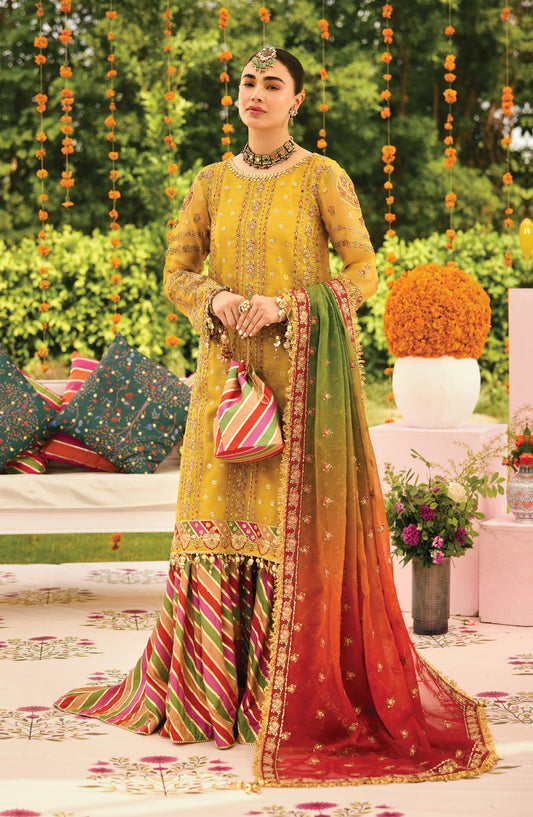 Shehnai by Alizeh Embroidered Zari Net Unstitched 3 Piece Suit - AF-ZN-2215 ZARPOSH - ALZ25FES - Yellow - Luxury Festive Collection