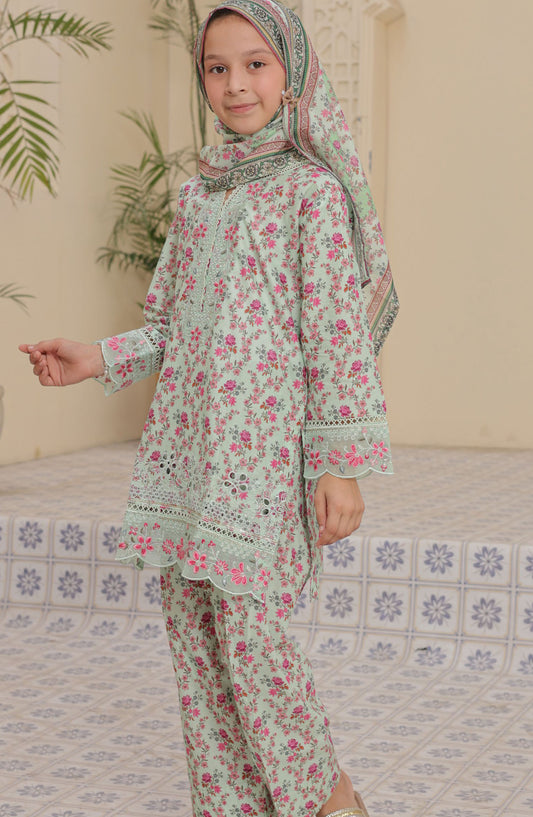 Shifa by Suntex Embroidered Lawn Stitched 3 Piece Suit - SH-2566K - SF25SFE - Green - Girls Summer Collection