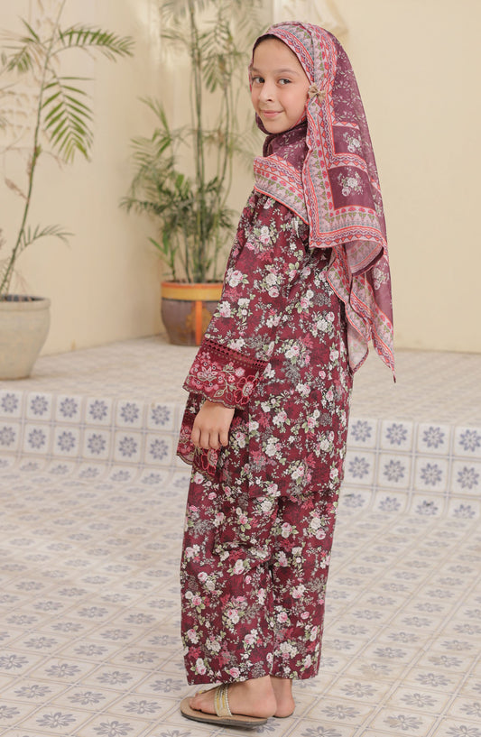 Shifa by Suntex Embroidered Lawn Stitched 3 Piece Suit - SH-2565K - SF25SFE - Maroon - Girls Summer Collection