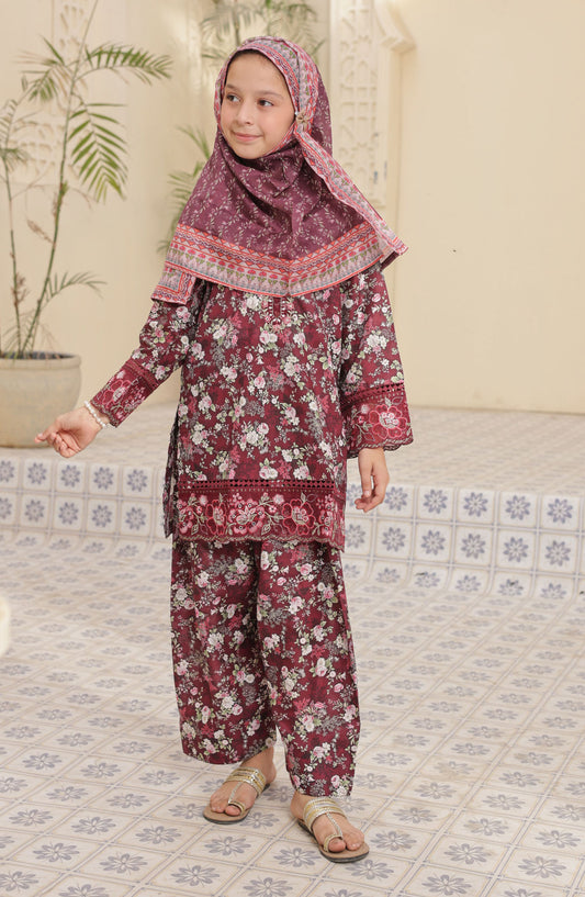 Shifa by Suntex Embroidered Lawn Stitched 3 Piece Suit - SH-2565K - SF25SFE - Maroon - Girls Summer Collection