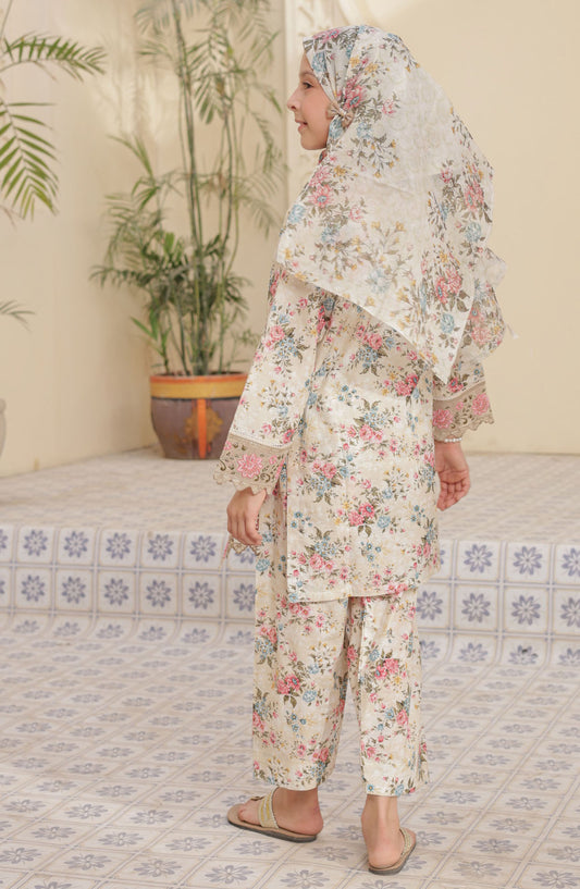 Shifa by Suntex Embroidered Lawn Stitched 3 Piece Suit - SH-2564K - SF25SFE - Ivory - Girls Summer Collection