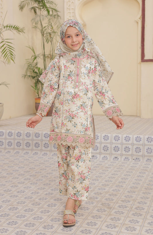 Shifa by Suntex Embroidered Lawn Stitched 3 Piece Suit - SH-2564K - SF25SFE - Ivory - Girls Summer Collection