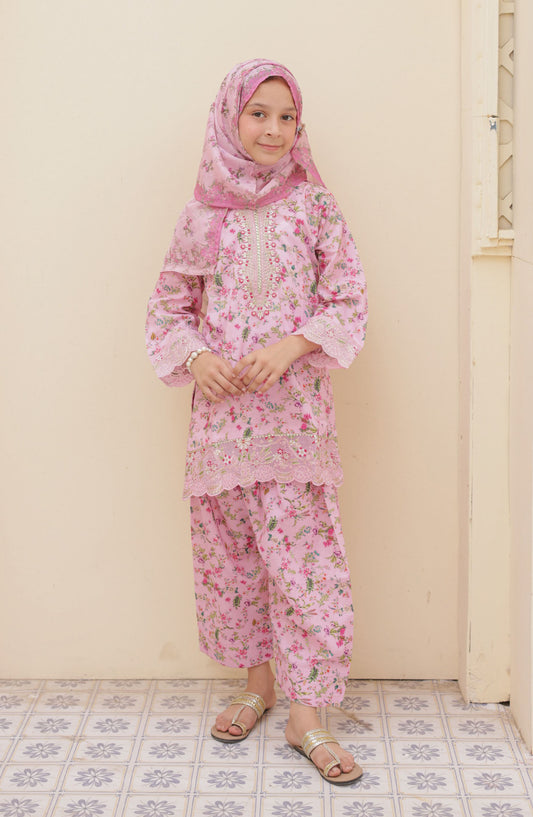 Shifa by Suntex Embroidered Lawn Stitched 3 Piece Suit - SH-2563K - SF25SFE - Pink - Girls Summer Collection