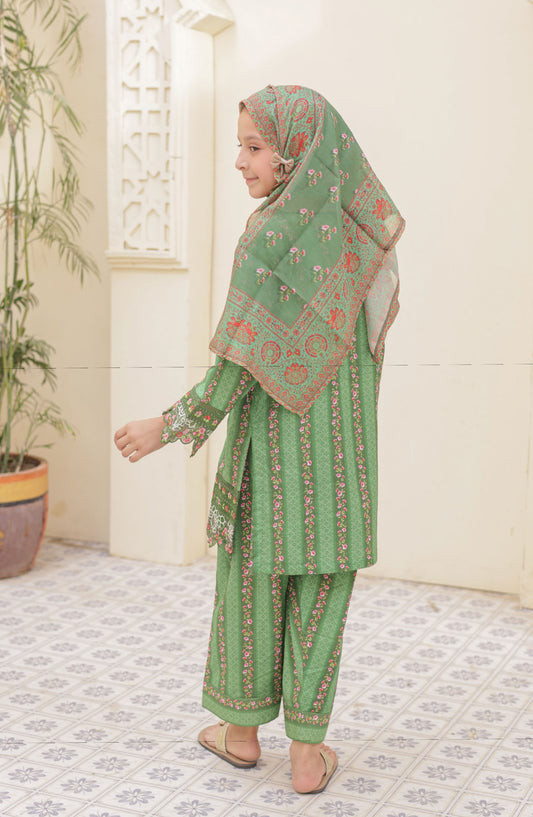 Shifa by Suntex Embroidered Lawn Stitched 3 Piece Suit - SH-2562K - SF25SFE - Green - Girls Summer Collection