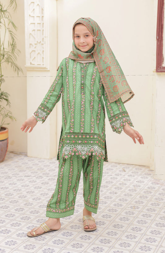 Shifa by Suntex Embroidered Lawn Stitched 3 Piece Suit - SH-2562K - SF25SFE - Green - Girls Summer Collection